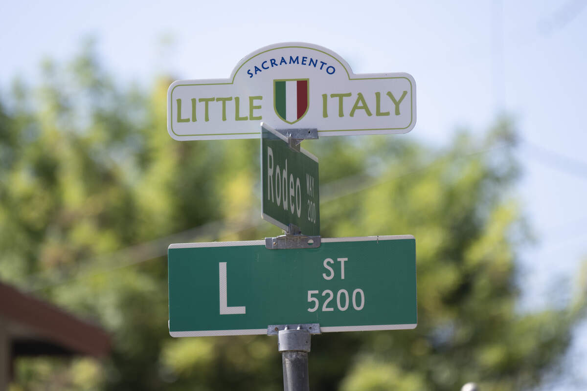 A new sign designating the Little Italy Historic District at the corner of Rodeo Way and L Street in East Sacramento on Monday, Aug. 10, 2026.